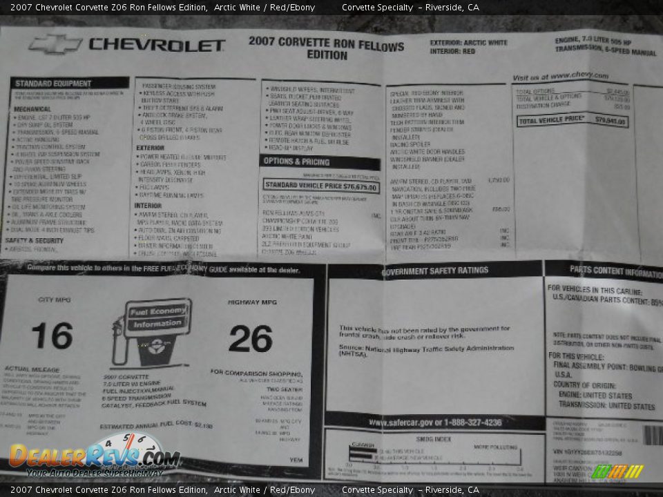 2007 Chevrolet Corvette Z06 Ron Fellows Edition Window Sticker Photo #9