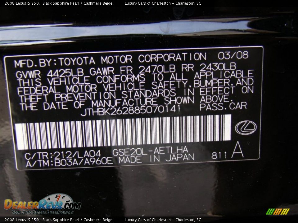 2008 Lexus IS 250 Black Sapphire Pearl / Cashmere Beige Photo #33