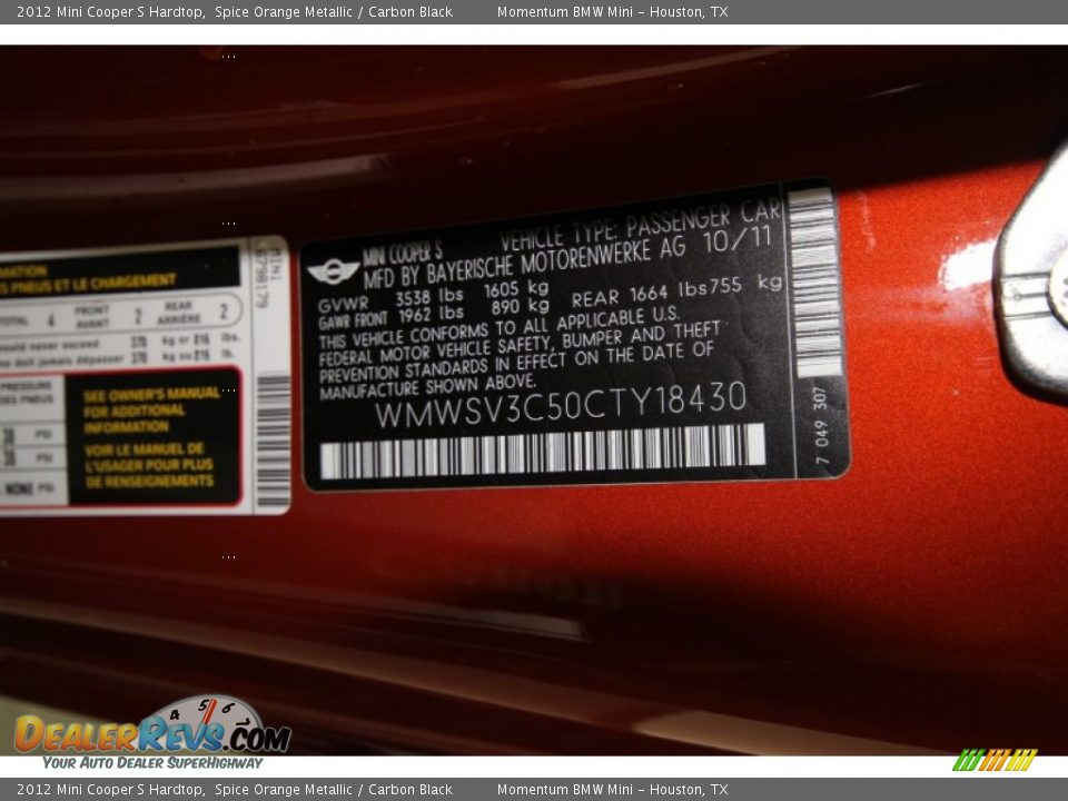 2012 Mini Cooper S Hardtop Spice Orange Metallic / Carbon Black Photo #8