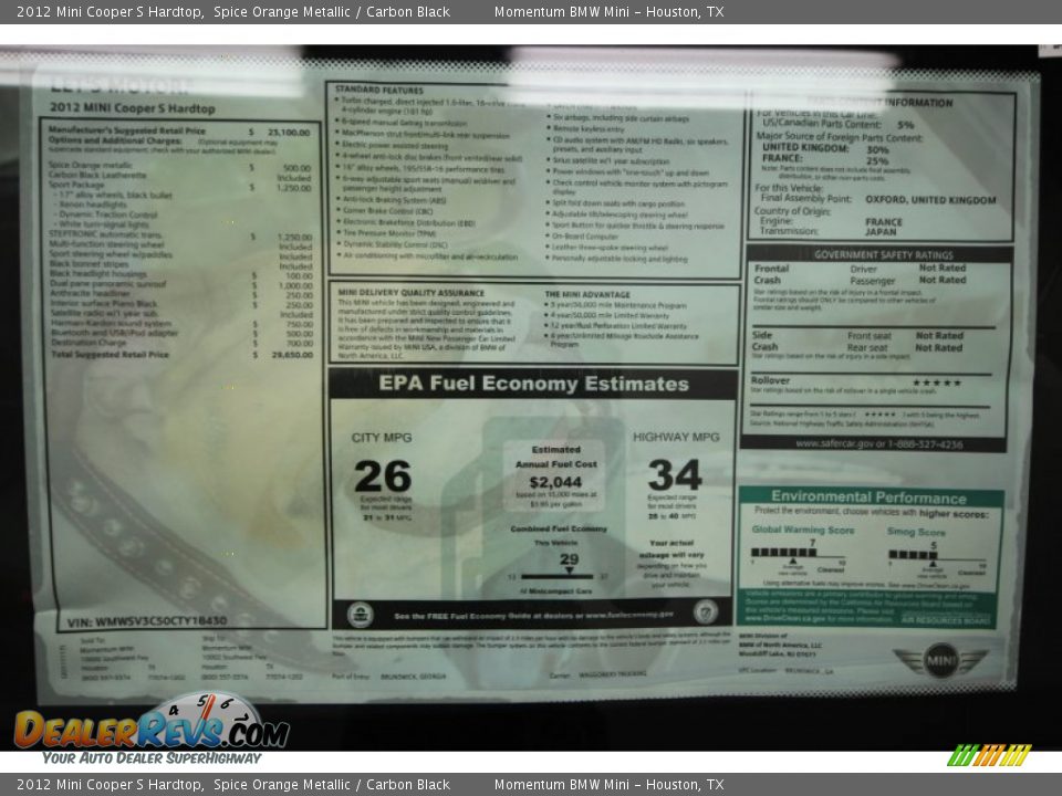 2012 Mini Cooper S Hardtop Window Sticker Photo #23