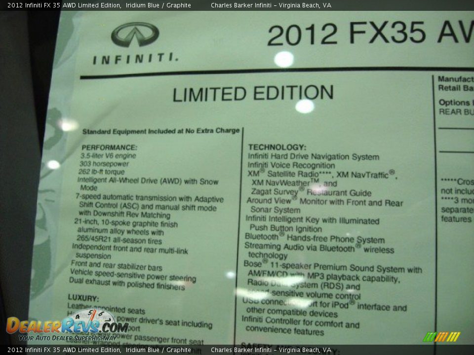 2012 Infiniti FX 35 AWD Limited Edition Window Sticker Photo #22