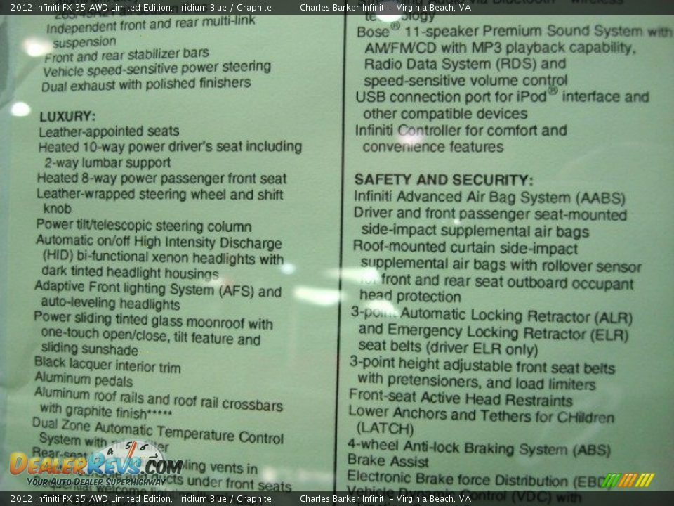 2012 Infiniti FX 35 AWD Limited Edition Window Sticker Photo #23