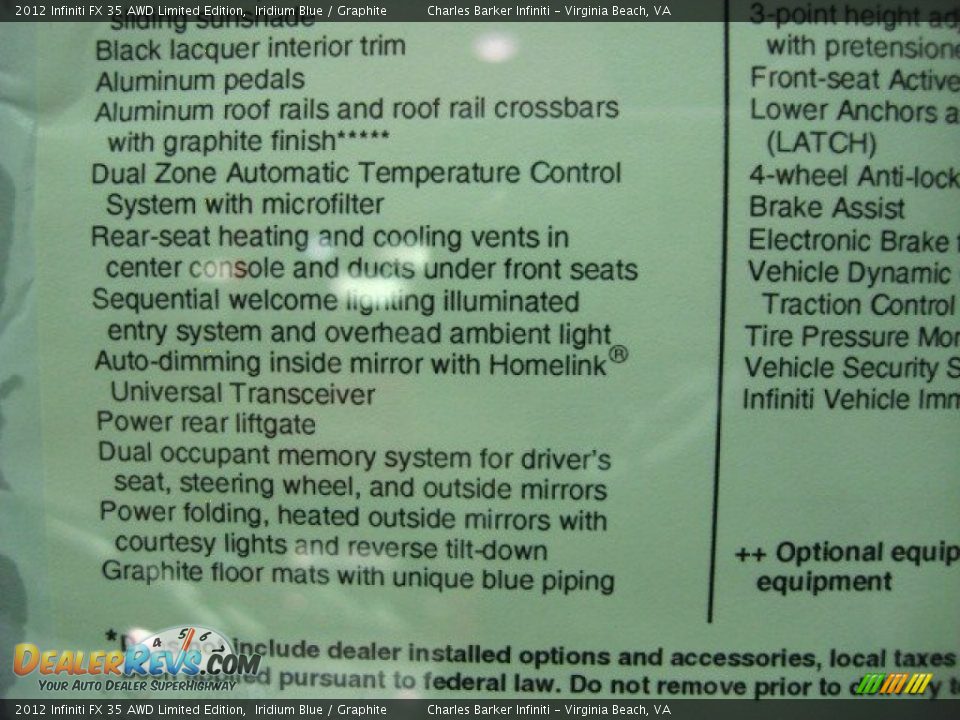 2012 Infiniti FX 35 AWD Limited Edition Window Sticker Photo #25