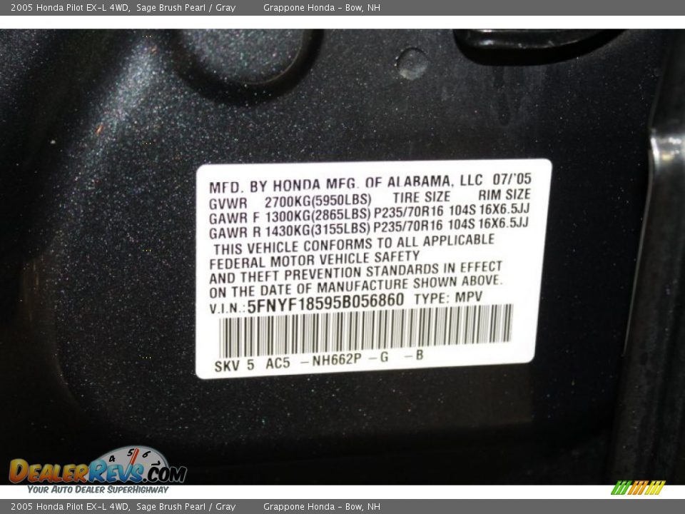 2005 Honda Pilot EX-L 4WD Sage Brush Pearl / Gray Photo #7