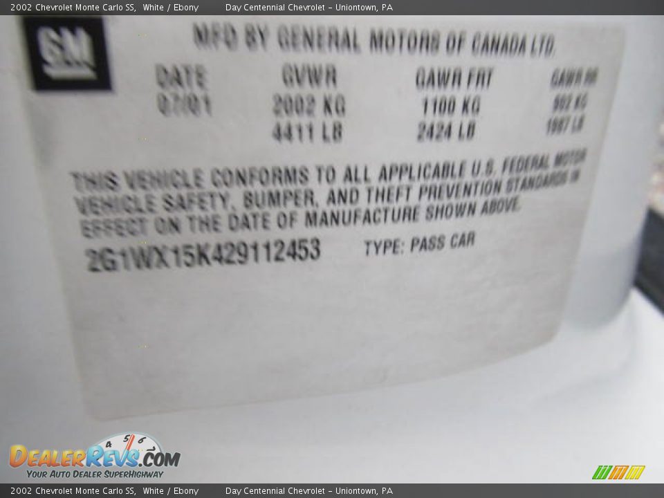 2002 Chevrolet Monte Carlo SS White / Ebony Photo #14