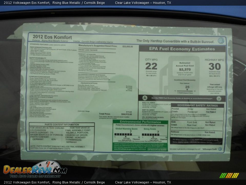 2012 Volkswagen Eos Komfort Window Sticker Photo #23