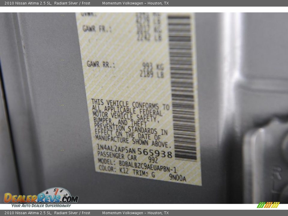 2010 Nissan Altima 2.5 SL Radiant Silver / Frost Photo #7