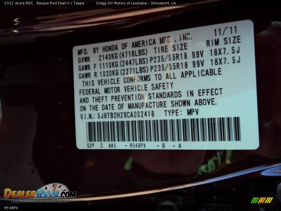 Acura Color Code R548PX Basque Red Pearl II