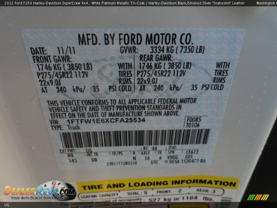 Ford Color Code UG White Platinum Metallic Tri-Coat