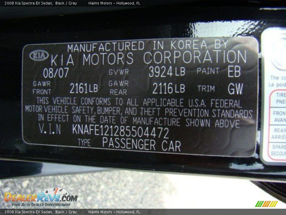 2008 Kia Spectra EX Sedan Black / Gray Photo #9