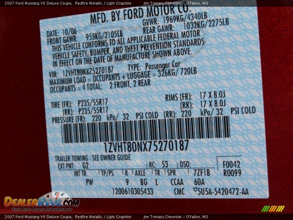 2007 Ford Mustang V6 Deluxe Coupe Redfire Metallic / Light Graphite Photo #17