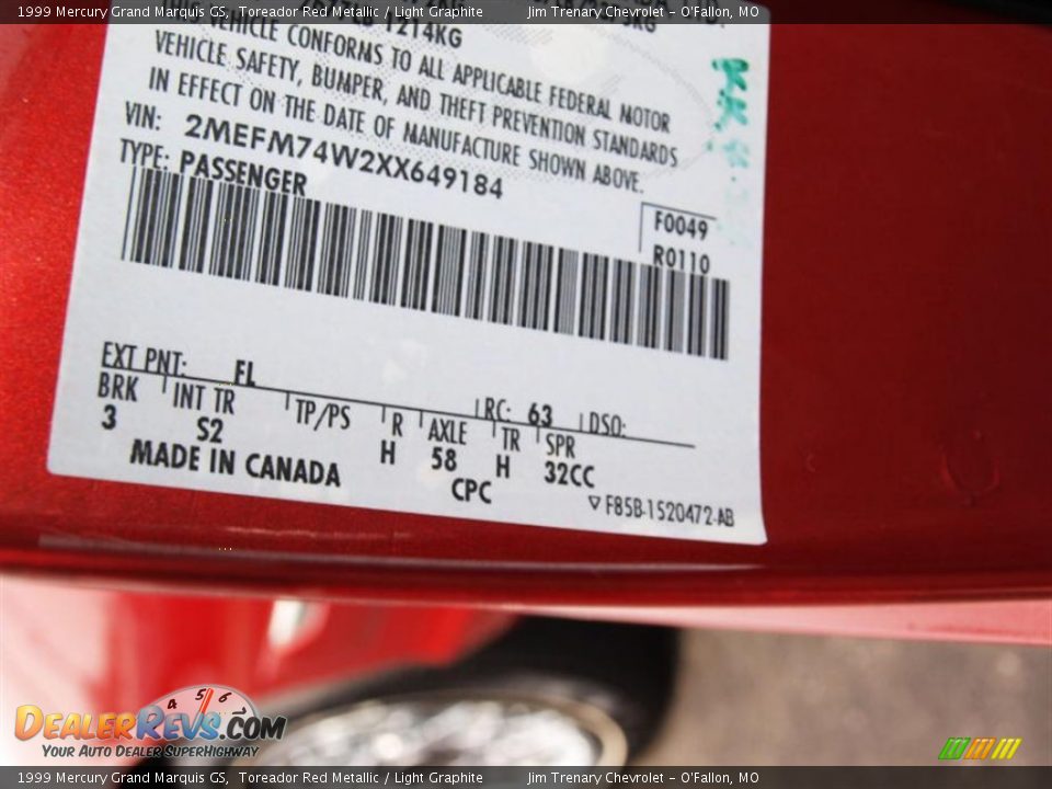 1999 Mercury Grand Marquis GS Toreador Red Metallic / Light Graphite Photo #17