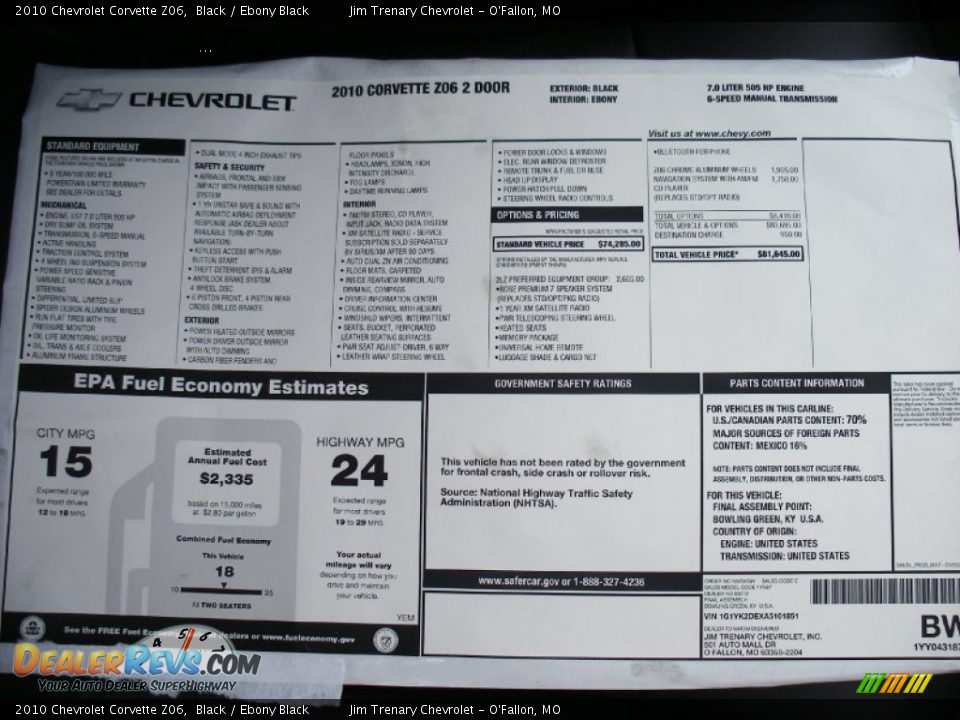 2010 Chevrolet Corvette Z06 Window Sticker Photo #34