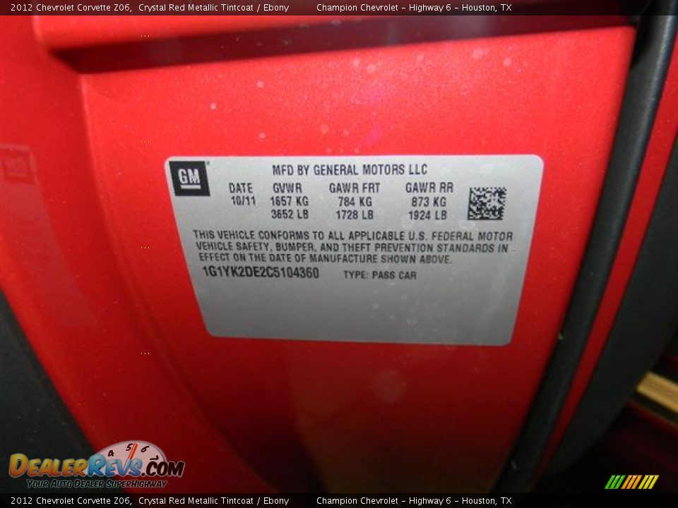 Info Tag of 2012 Chevrolet Corvette Z06 Photo #13