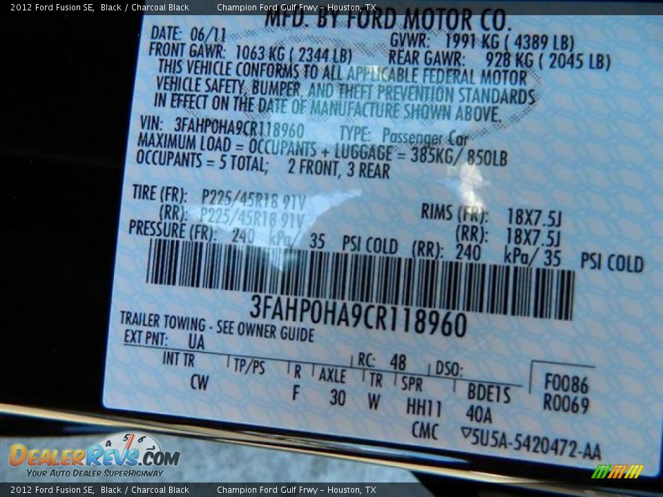 2012 Ford Fusion SE Black / Charcoal Black Photo #15