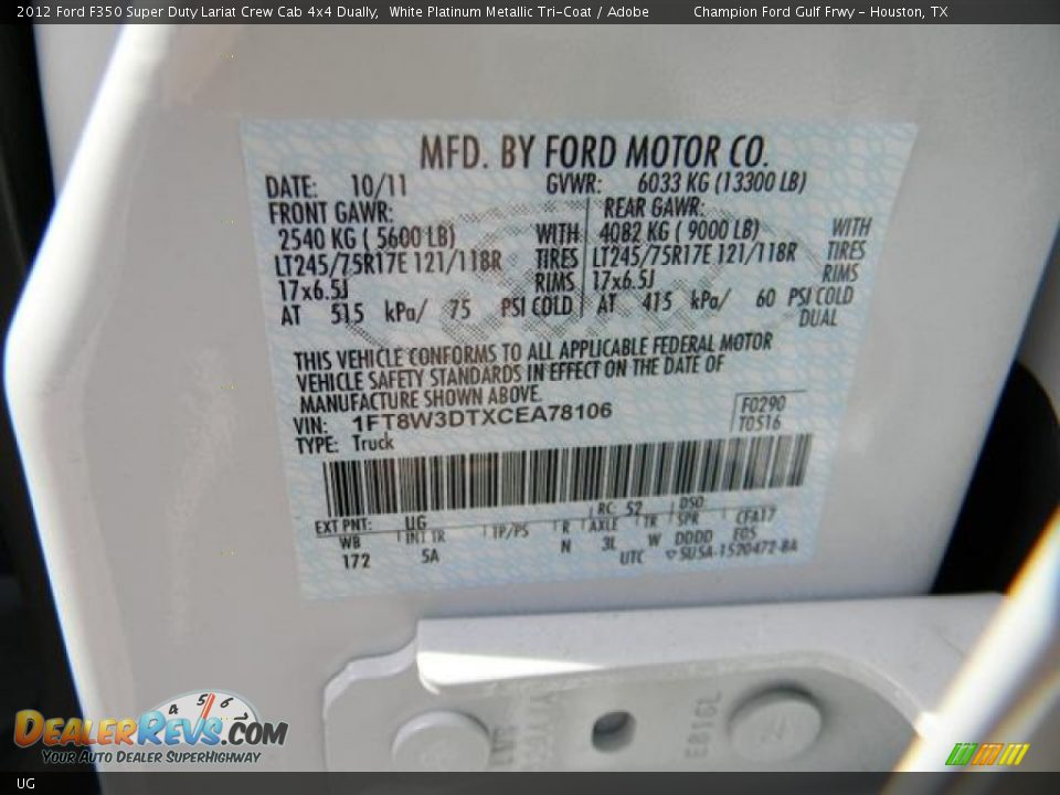 Ford Color Code UG White Platinum Metallic TriCoat