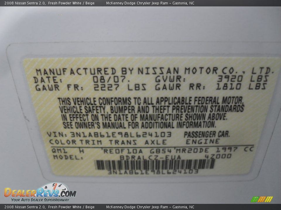 2008 Nissan Sentra 2.0 Fresh Powder White / Beige Photo #6