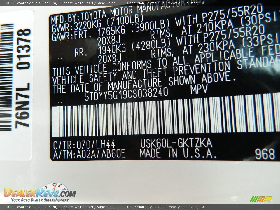 2012 Toyota Sequoia Platinum Blizzard White Pearl / Sand Beige Photo #15