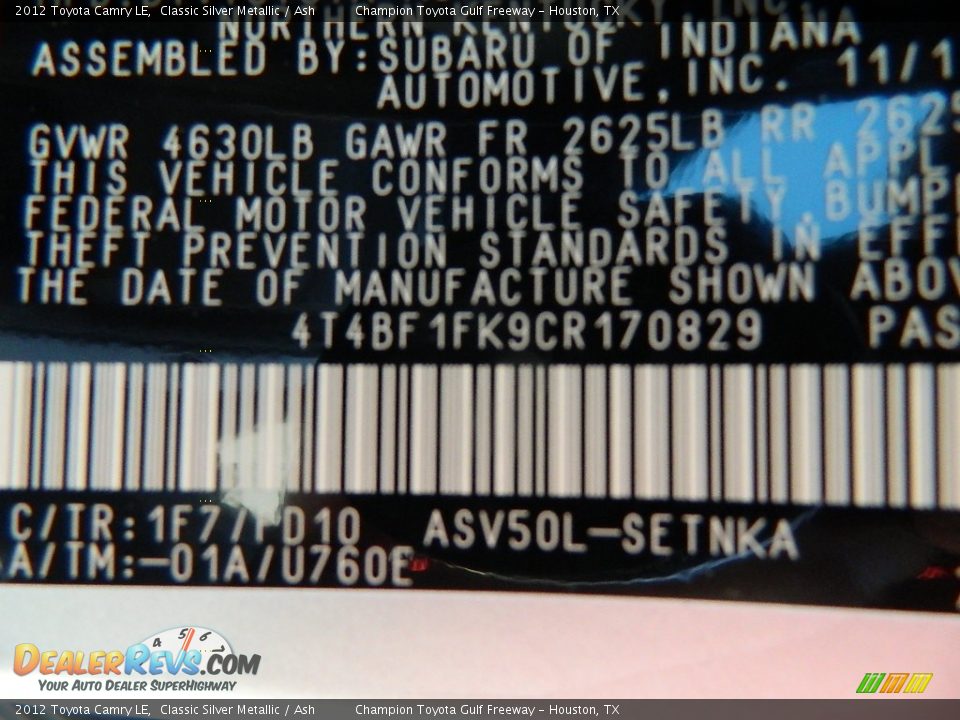 2012 Toyota Camry LE Classic Silver Metallic / Ash Photo #15