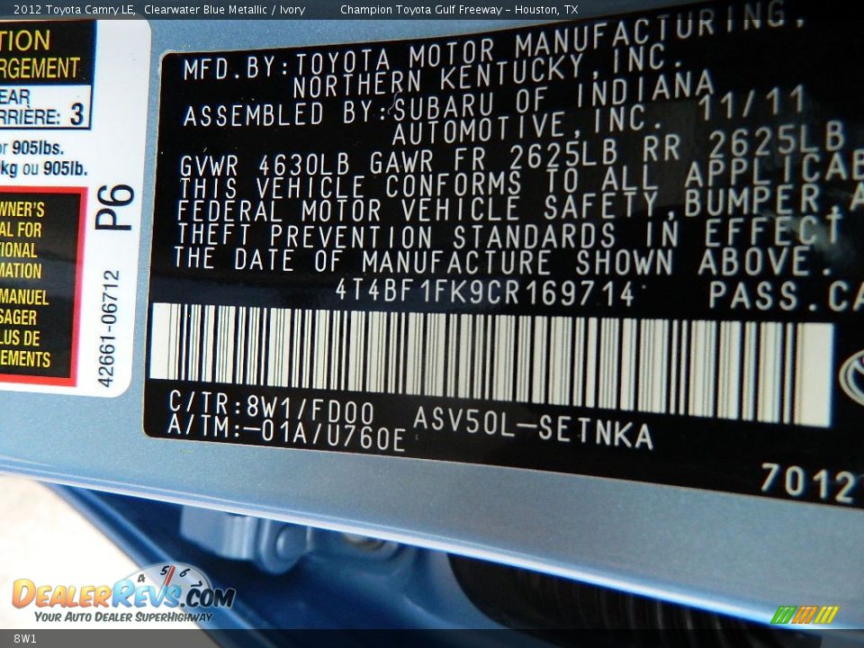 Toyota Color Code 8W1 Clearwater Blue Metallic