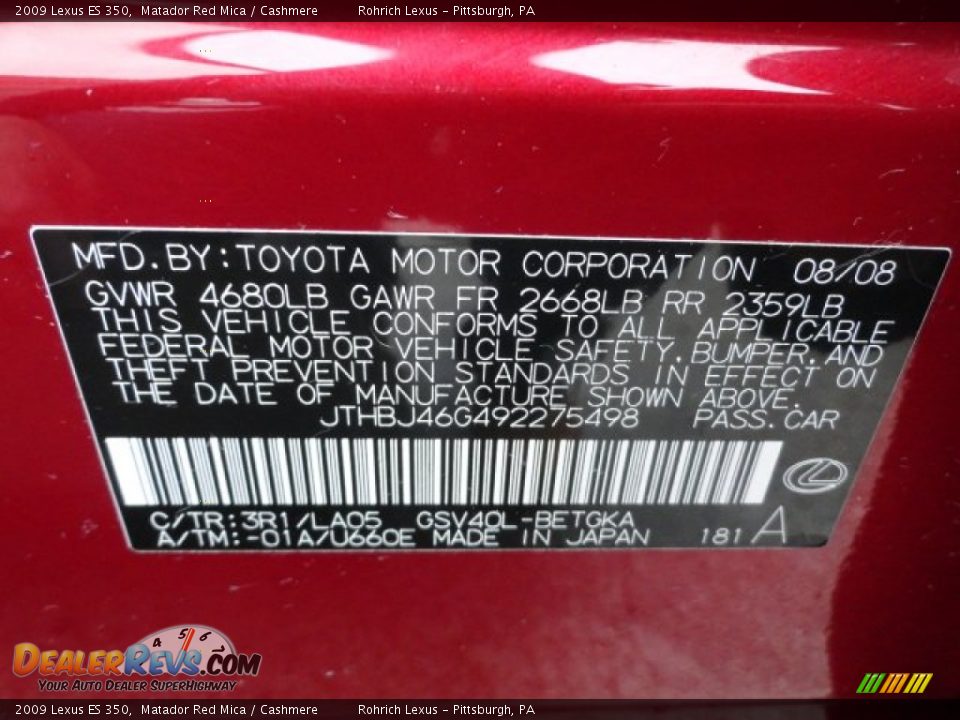 2009 Lexus ES 350 Matador Red Mica / Cashmere Photo #17