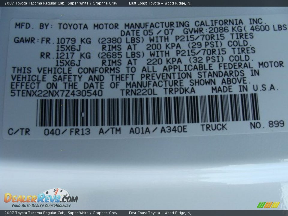 2007 Toyota Tacoma Regular Cab Super White / Graphite Gray Photo #15