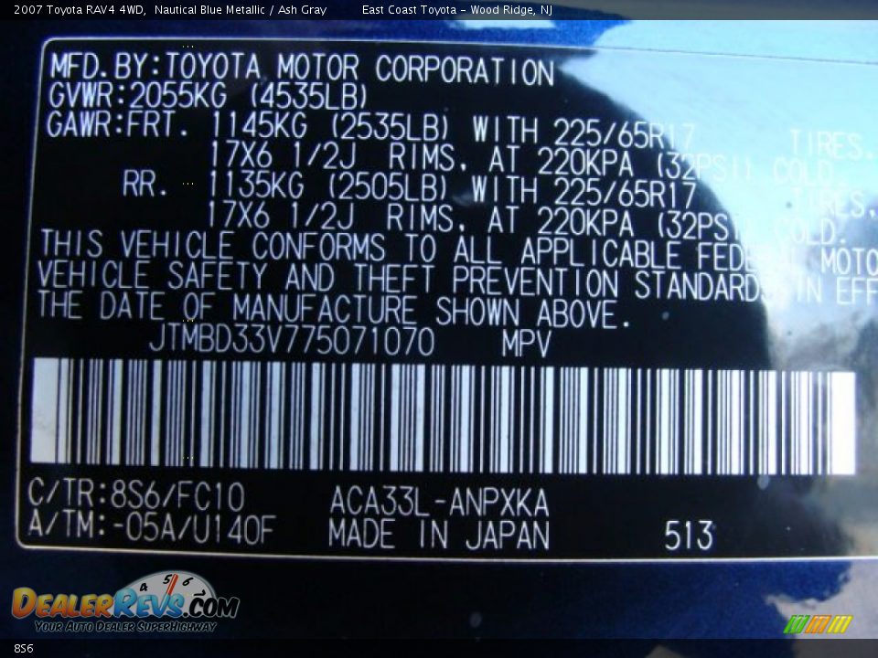 Toyota Color Code 8S6 Nautical Blue Metallic