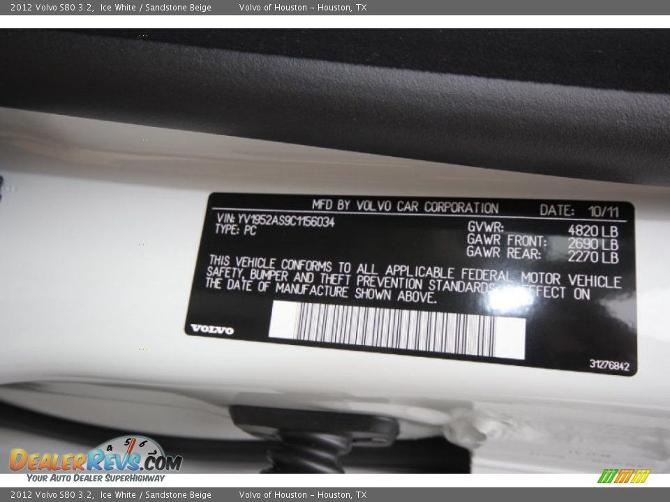 2012 Volvo S80 3.2 Ice White / Sandstone Beige Photo #7