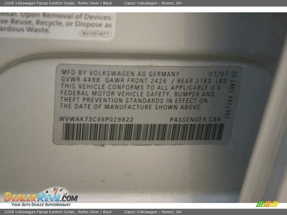 2008 Volkswagen Passat Komfort Sedan Reflex Silver / Black Photo #20
