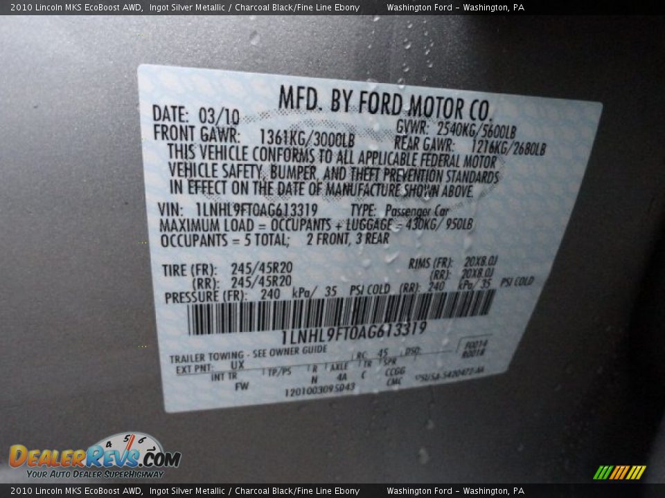 2010 Lincoln MKS EcoBoost AWD Ingot Silver Metallic / Charcoal Black/Fine Line Ebony Photo #15