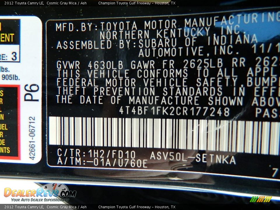 2012 Toyota Camry LE Cosmic Gray Mica / Ash Photo #15