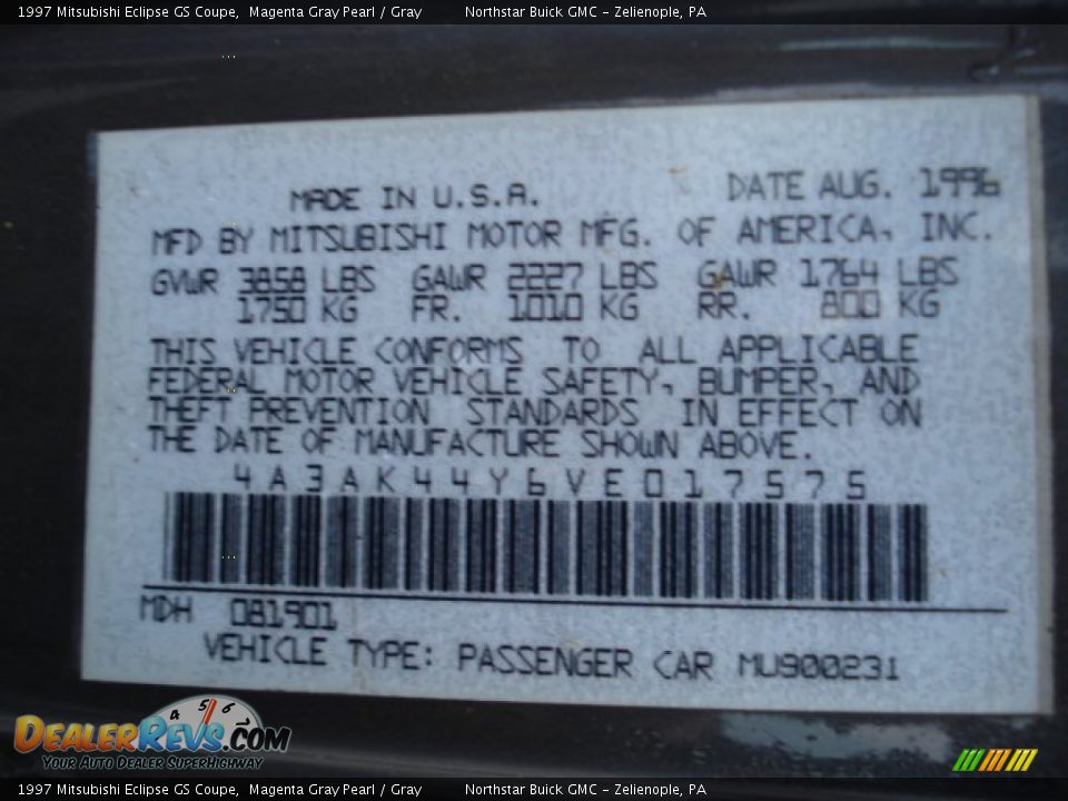 1997 Mitsubishi Eclipse GS Coupe Magenta Gray Pearl / Gray Photo #15