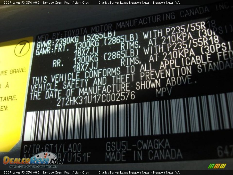 2007 Lexus RX 350 AWD Bamboo Green Pearl / Light Gray Photo #31