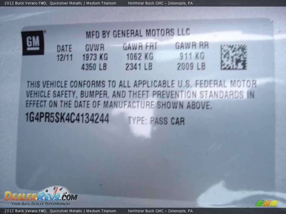 2012 Buick Verano FWD Quicksilver Metallic / Medium Titanium Photo #20