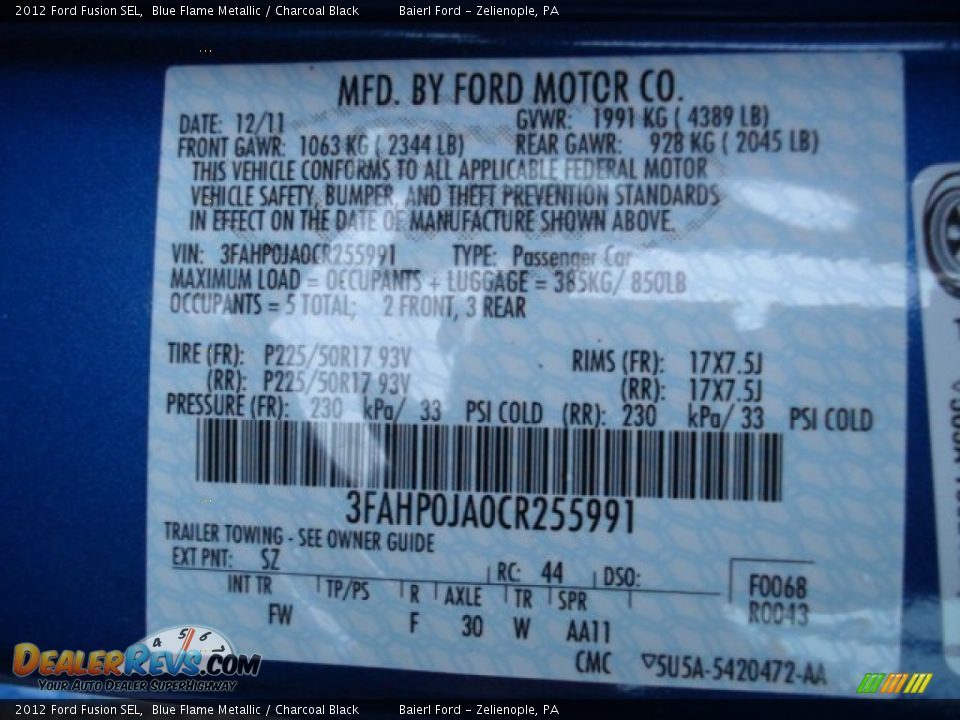 2012 Ford Fusion SEL Blue Flame Metallic / Charcoal Black Photo #20