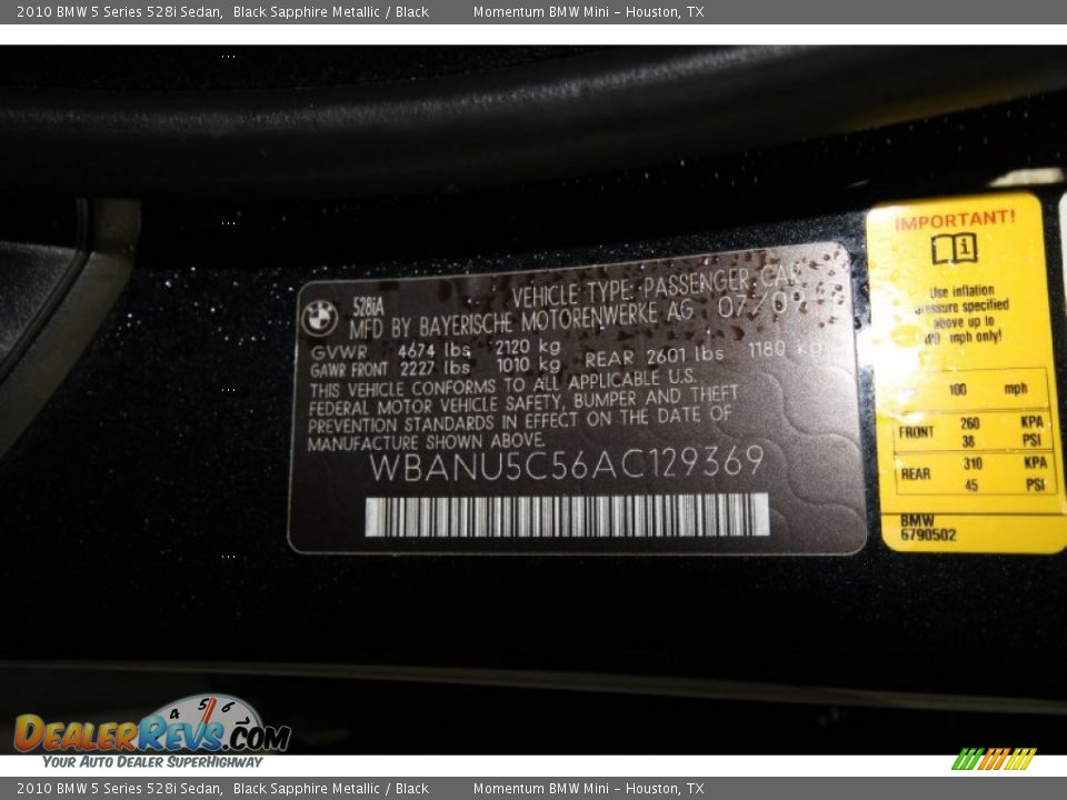 2010 BMW 5 Series 528i Sedan Black Sapphire Metallic / Black Photo #15