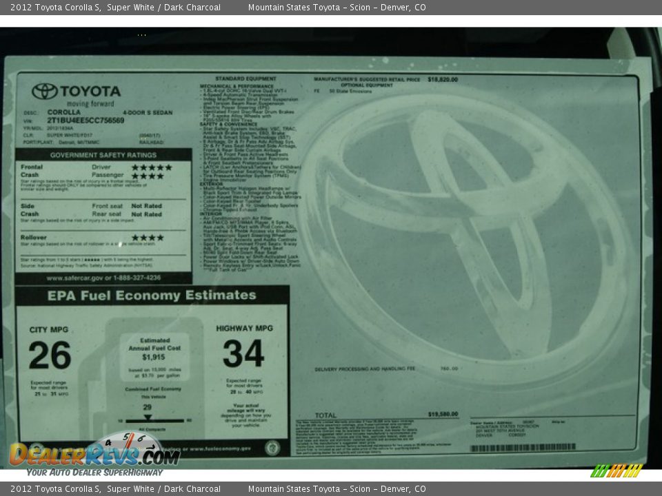 2012 Toyota Corolla S Window Sticker Photo #14