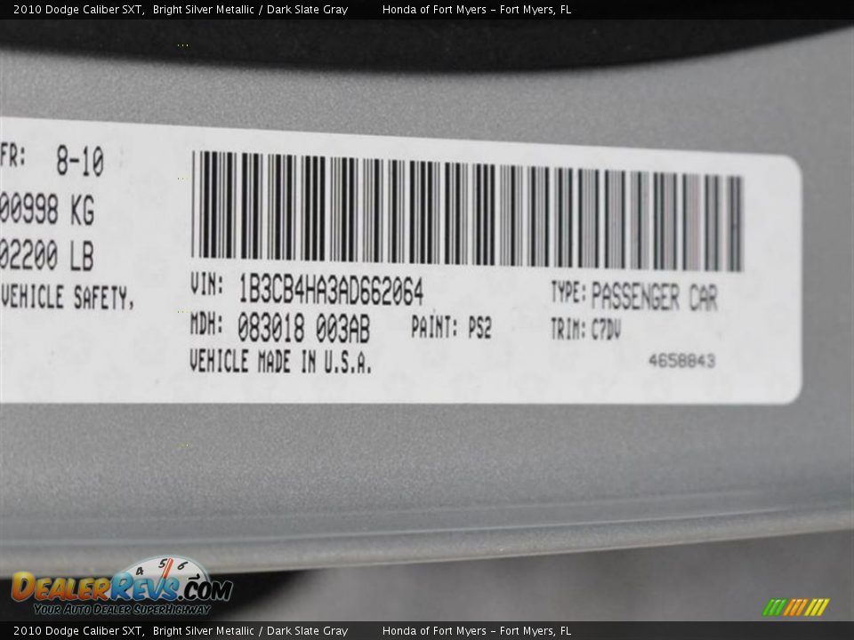 2010 Dodge Caliber SXT Bright Silver Metallic / Dark Slate Gray Photo #20