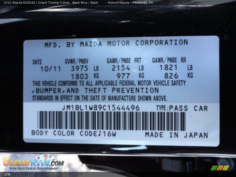 Mazda Color Code 16W Black Mica