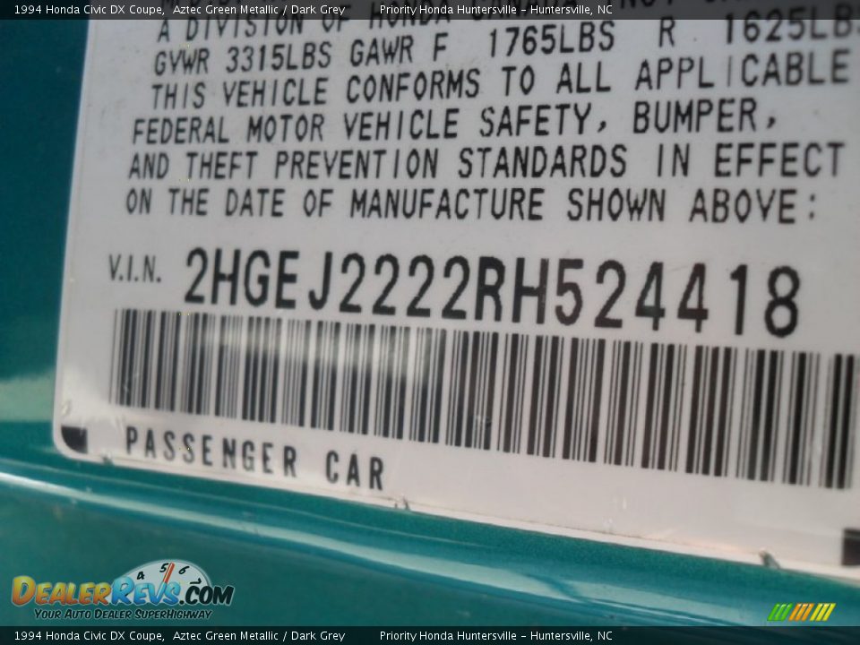 Info Tag of 1994 Honda Civic DX Coupe Photo #8