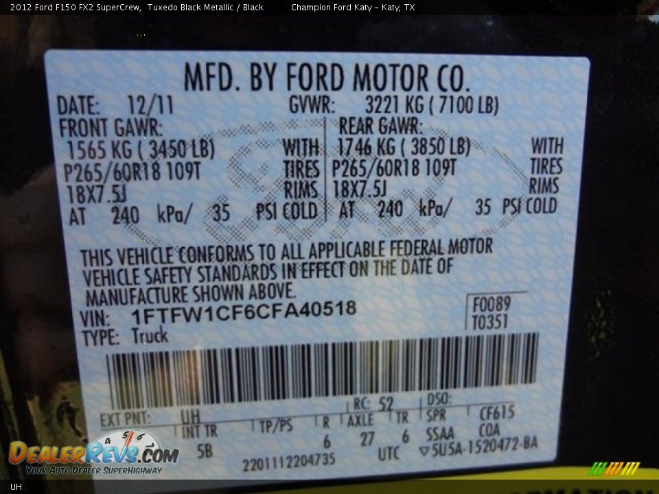 Ford Color Code UH Tuxedo Black Metallic