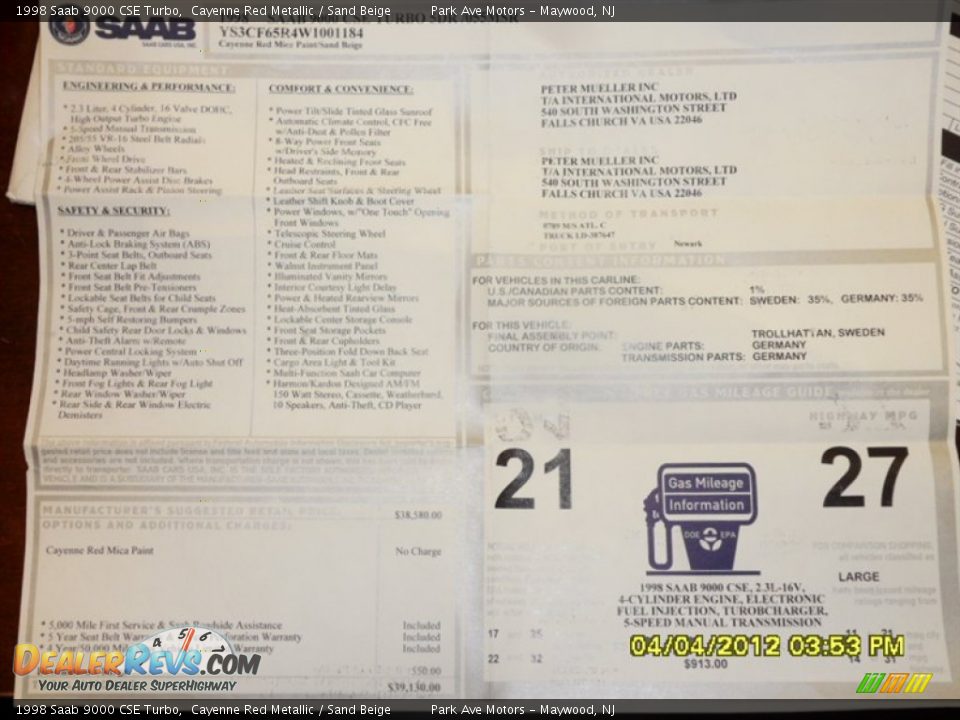 1998 Saab 9000 CSE Turbo Window Sticker Photo #15