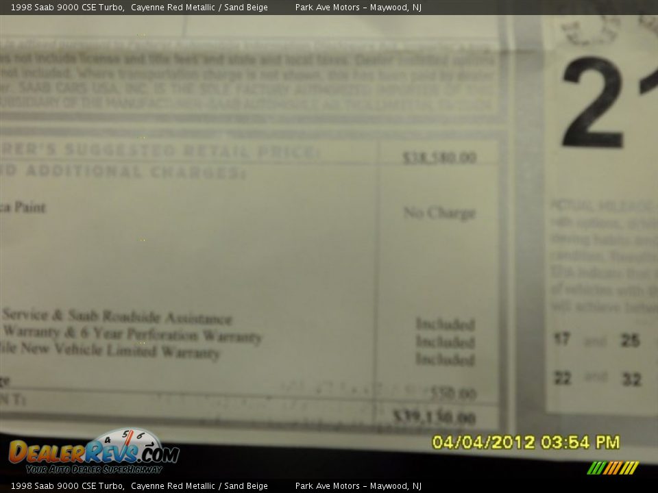 1998 Saab 9000 CSE Turbo Window Sticker Photo #16