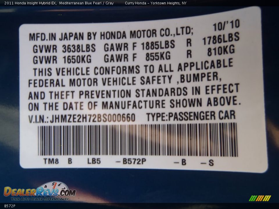 Honda Color Code B572P Mediterranean Blue Pearl