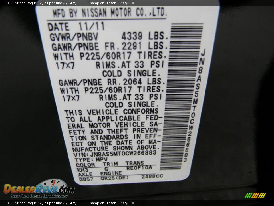 2012 Nissan Rogue SV Super Black / Gray Photo #12