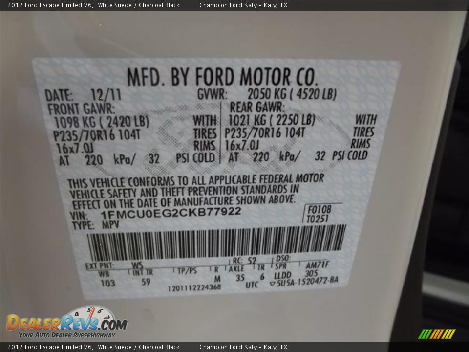 2012 Ford Escape Limited V6 White Suede / Charcoal Black Photo #26