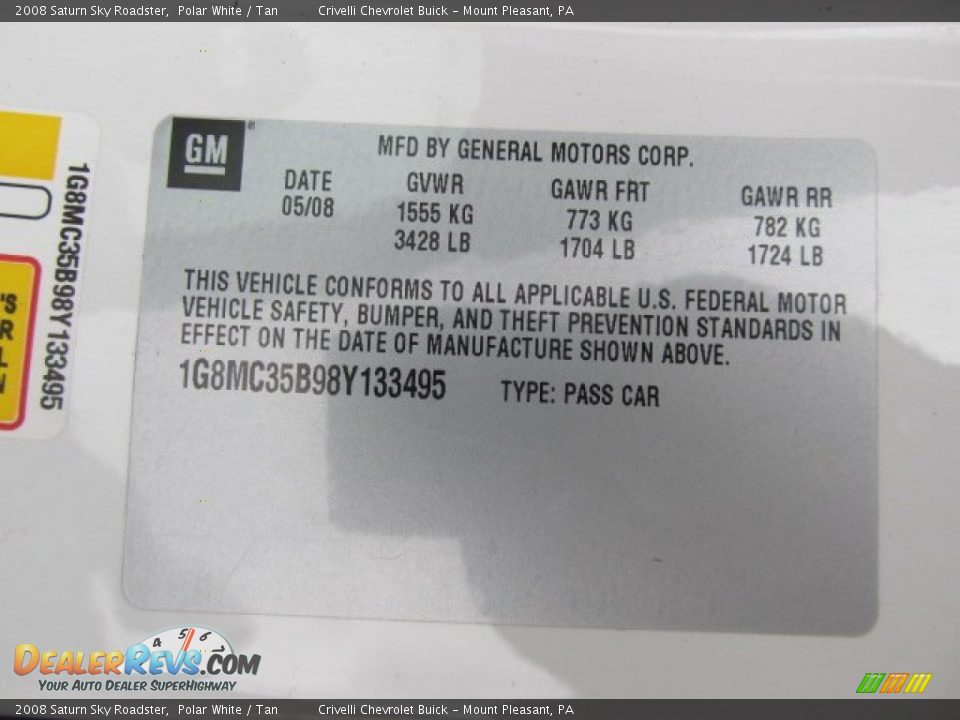 2008 Saturn Sky Roadster Polar White / Tan Photo #28