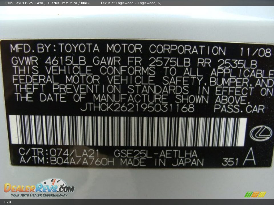 Lexus Color Code 074 Glacier Frost Mica