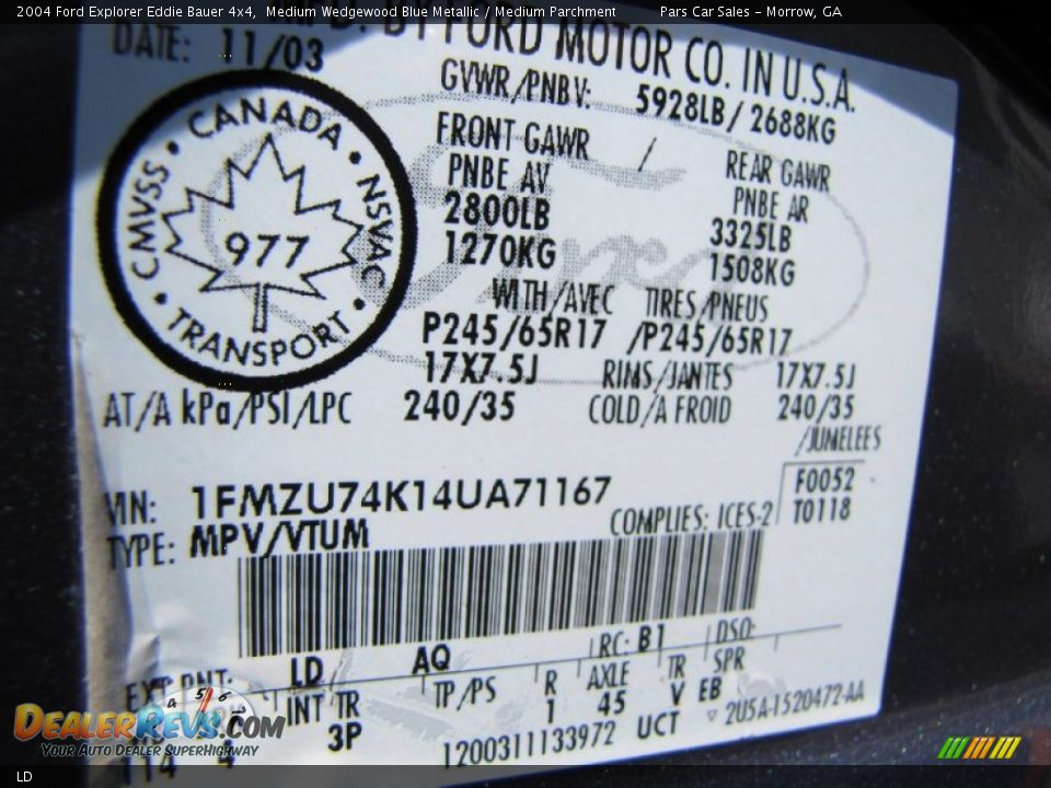 Ford Color Code LD Medium Wedgewood Blue Metallic