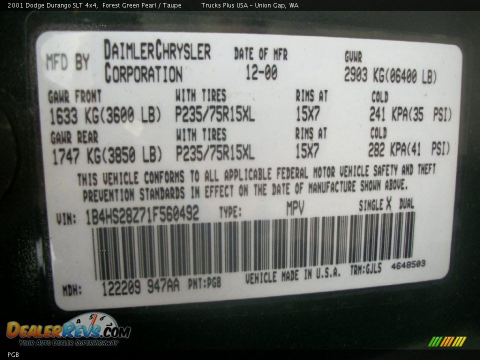 Dodge Color Code PGB Forest Green Pearl